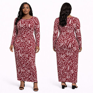Burgundy Abstract Print  Long Sleeve Midi Dress