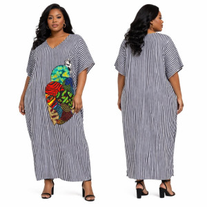 Black and White Striped Kaftan Maxi Dress with  Patchwork Detail