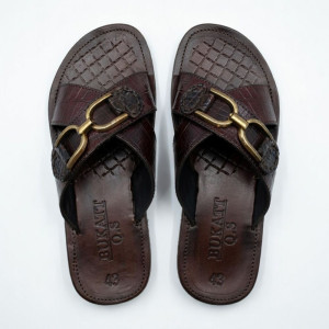Handcrafted Men Dark Brown Croc Embossed Leather Bit Slides