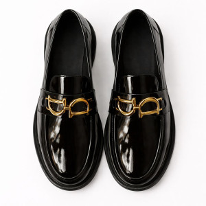 Mens Black Patent Leather Loafers with Gold Buckle Detail