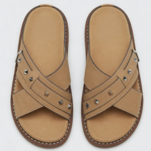 Classic Beige Cross Strap Slide Sandals with Studded Detail