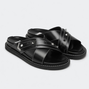 Classic Black Cross Strap Slide Sandals with Studded Detail