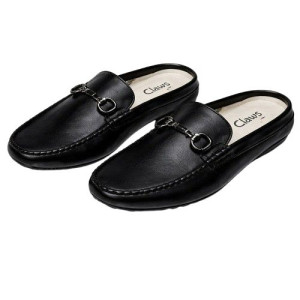 Black Leather Metal Bit Loafer Mules