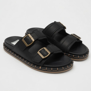 Classic Black Double Buckle Slide Sandals