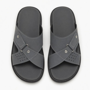 Classic Grey Cross Strap Slide Sandals with Decorative Button Detail