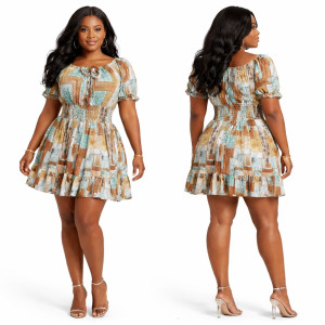 Multicolor Abstract Floral Smocked Waist Mini Dress  with  Puff Sleeves