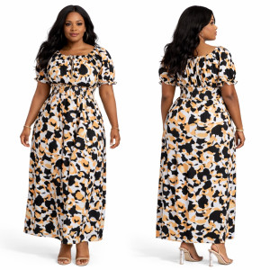 Earth Tone Floral Smocked Waist Maxi Dress with  Puff Sleeves