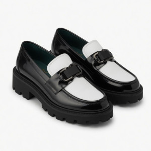 Executive Two Tone Patent Leather Loafers with Buckle Detail