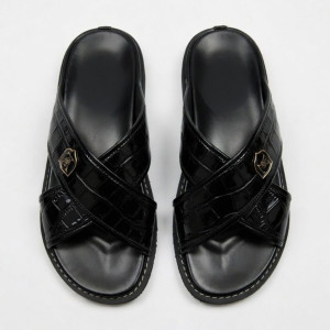 Luxurious Men Black Croc Leather Slider Sandals with Gold Details