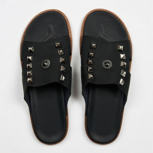 Mens Black Studded Leather Slide Sandals