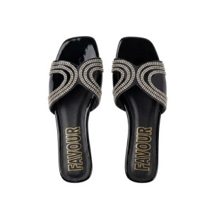 Womens Black Flat Slippers with Rhinestone Embellishments