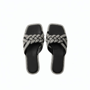 Black Crystal Embellished Braided Slide Sandals