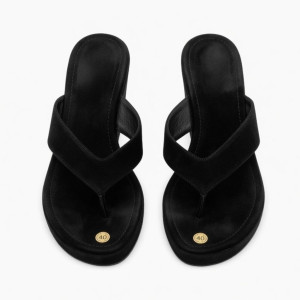 Womens Black Flat Slippers with Gold Embellishment