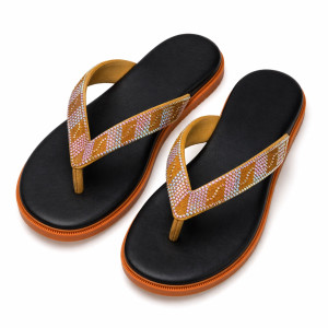 Womens Gold Rhinestone Strap Flip Flop Sandals     Black