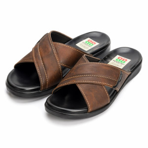 Mens Cross Strap Leather Slide Sandals     Brown