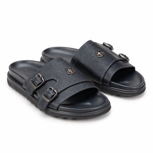 Mens Double Buckle Leather Slide Sandals    Black