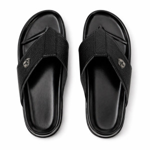 Mens Textured Cross Strap Slide Sandals    Black