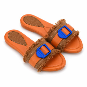 Womens Tan Fringe Slide Sandals  with  Blue Buckle Accent