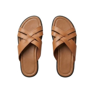 Mens Multi Strap Tan Leather Slide Sandals
