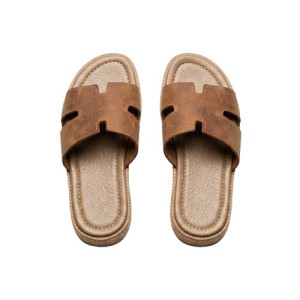 Mens Brown Textured Leather Slide Sandals