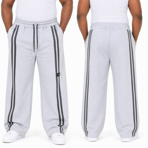 Light Grey Oversized Wide Leg Fleece Sweatpants with Double Side Stripes