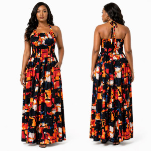 Womens Abstract Print Halter Neck Smocked Maxi Dress with Pockets