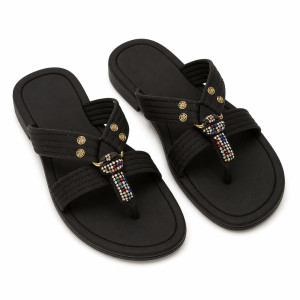 Black Rhinestone Cross Toe Sandals