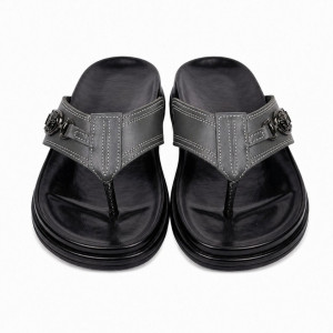 Classic dark grey Leather Slide Sandals with Hardware Detail