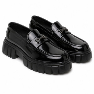 Men Glossy Black Chunky Sole Loafers
