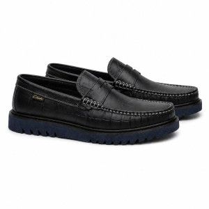 Mens Black Leather Moccasin Loafers with Chunky Sole