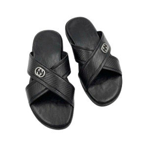 Mens Textured Cross Strap Slides with Silver Emblem