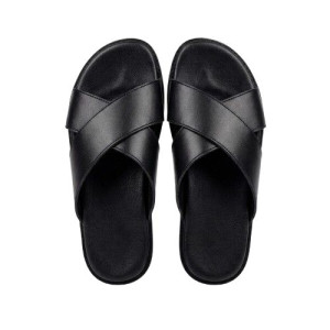 Mens Smooth Black Cross Strap Slides