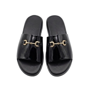 Mens Glossy Black Slides with Gold Tone Horsebit Detail