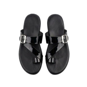 Mens Glossy Asymmetric Strap Sandals with Silver Buckle