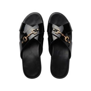 Mens Glossy Cross Strap Slides with Gold Horsebit Detail