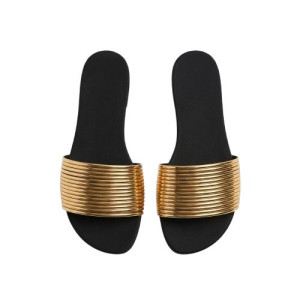 Metallic Ribbed Strap Flat Slide Sandals