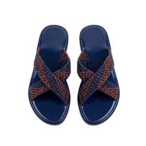 Premium Blue and Brown Beaded Crossover Slide Sandals