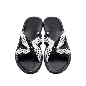 Premium Leather Woven Checkered Crossover Slide Sandals