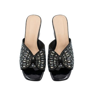 Sparkling Black Crystal Bow Wedge Mules