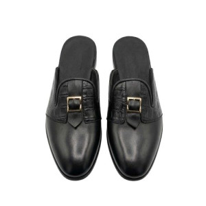 Mens Black Croc Embossed Buckle Mule Loafers