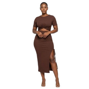 Twist Front Crop Top and Ruched Side Slit Midi Skirt Set