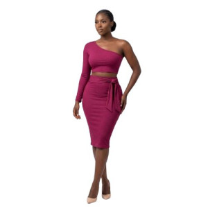 One Shoulder Long Sleeve Crop Top and Tie Waist Midi Skirt Set