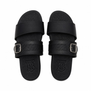 Mens Black Double Strap Leather Slide  Sandals