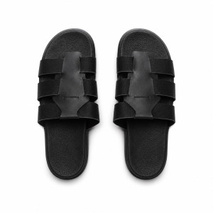 Mens black open weave Multi Strap Leather Slide Sandals