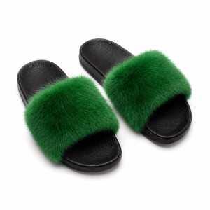 Quality women Green Plush Fluffy Strap Casual Slip On Sandals