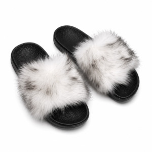Quality women White and Grey Plush Fluffy Strap Casual Slip On Sandal