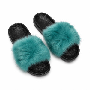 Women Teal Green Plush Fluffy Strap Casual SlipOn Sandals