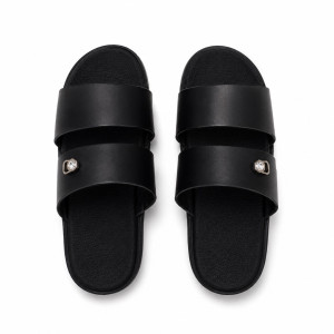 Mens Double Strap Leather Slide Sandals with Metal accent