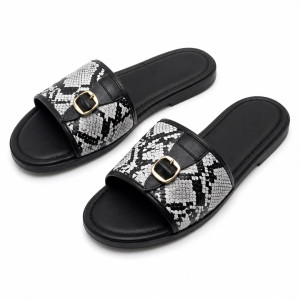 Quality women Black and White Textured Strap Buckle Casual Slip on