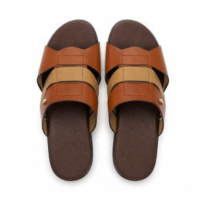 Mens brown Layered Multi Strap Leather Slide Sandals